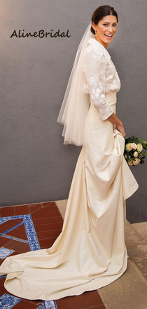 Elegant Three-quarter Sleeve Long Satin Wedding Dress, WD3006