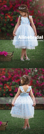 Fashion Blue Floral Ivory Lace Country Wedding Flower Girl Dresses , FGS064