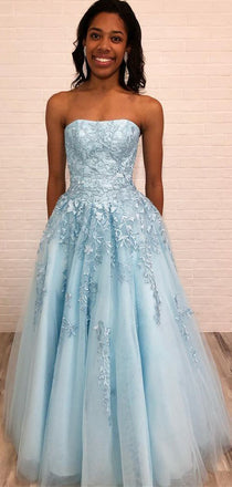 Fashion Pale Blue Tulle Lace Applique Strapless Prom Dresses,PD00367