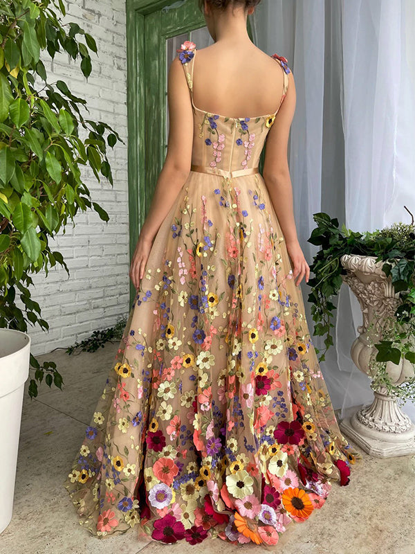 Floral Elegant Champagne A-line Spaghetti Straps Long Prom Dress, PD3519