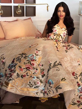 Gorgeous Colorful Floral Embroidery Lace Strapless Ball Gown Prom Dresses,PD00291