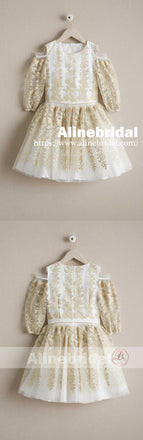 Gorgeous Gold Lace Organza Half Sleeve Cute Flower Girl Dresses, FGS087