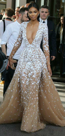 Gorgeous Nude Tulle Applique Long Sleeve Formal Prom Dresses,PD00143