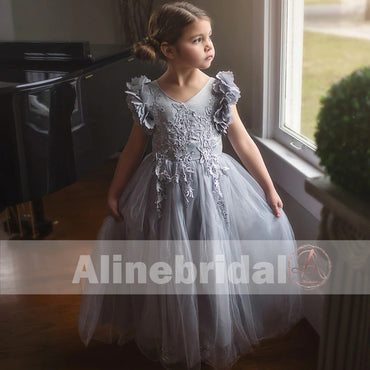 Grey Appliques Tulle Pretty Sleeveless Long Flower Girl Dresses , FGS071