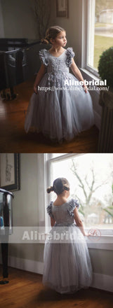 Grey Appliques Tulle Pretty Sleeveless Long Flower Girl Dresses , FGS071