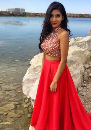 Long Two Pieces Halter A-line Red With Side Slit Charming Evening Prom Gown Dress.  PD0206