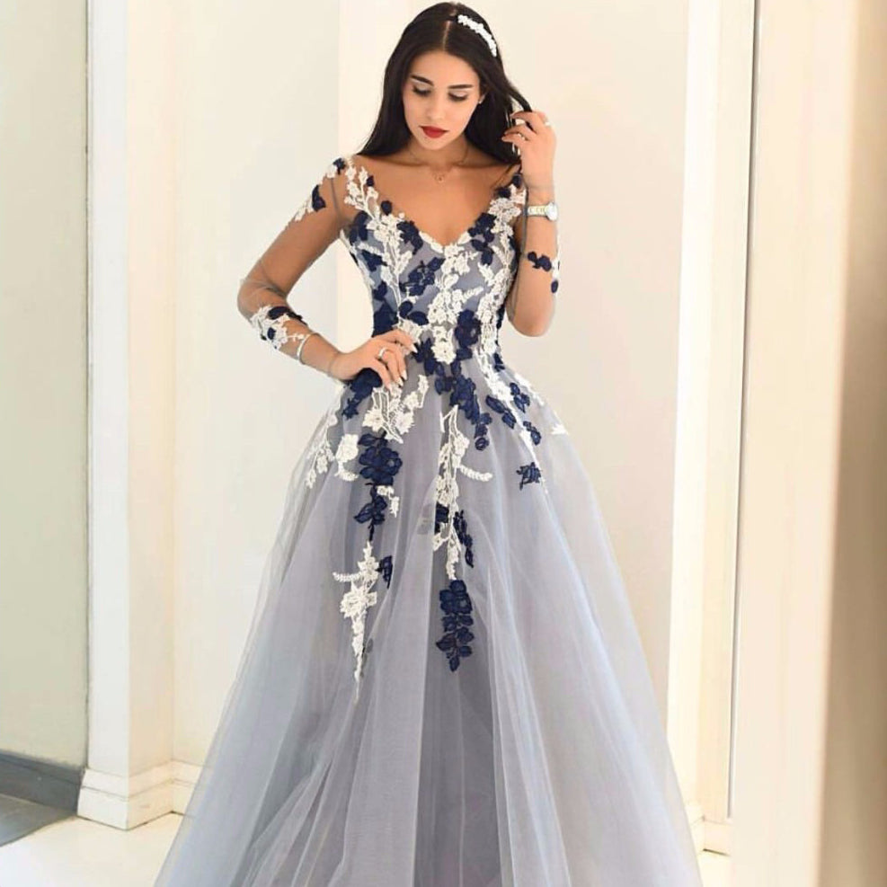 Long Sleeves Appliqued Ball Gown V-Neck Unique Formal Prom Dress. PD0300