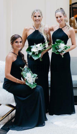 Halter Dark Navy Blue Chiffon Elegant Long Sheath Bridesmaid Dresses, AB4006