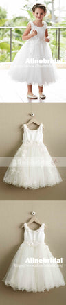 Ivory Applique Tulle Scoop Neck A-line Flower Girl Dresses, FGS097