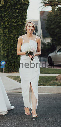 Ivory Spaghetti Strap Unique Sheath Front Silt Bridesmaid Dresses, AB4034