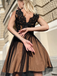 Ivory and Black Lace Spaghetti Strap V-neck A-line Short Prom Dress, PD3078