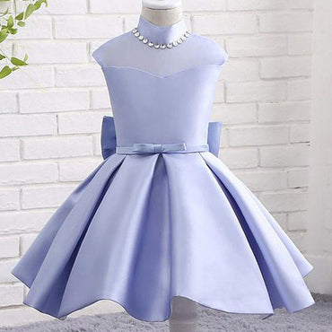 Lavender Satin High Neck See Through Back Bow Knot Simple  Flower Girl Dresses, FGS102