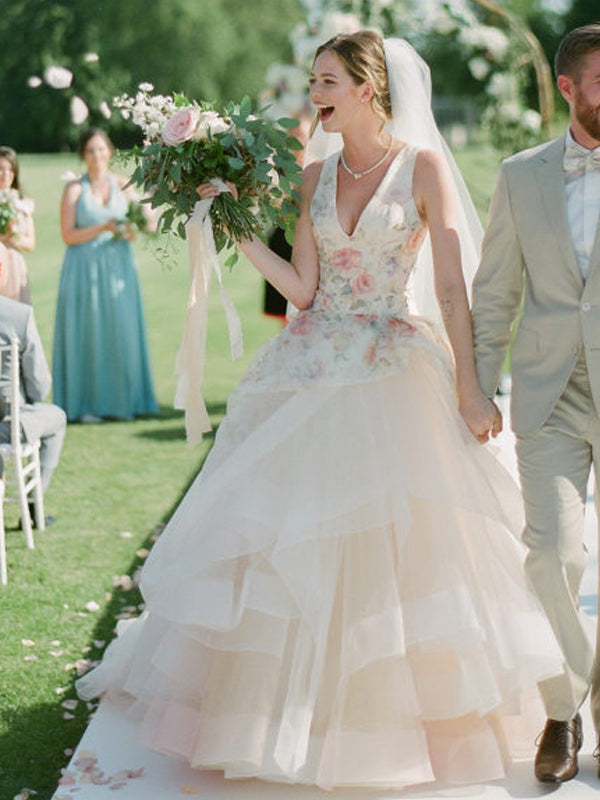 Light Pink Organza Floral Prints Ball Gown Spring Wedding Dresses, AB1527