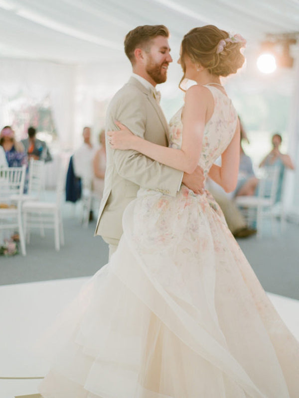 Light Pink Organza Floral Prints Ball Gown Spring Wedding Dresses, AB1527