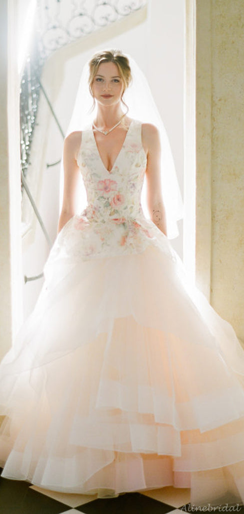 Light Pink Organza Floral Prints Ball Gown Spring Wedding Dresses, AB1527