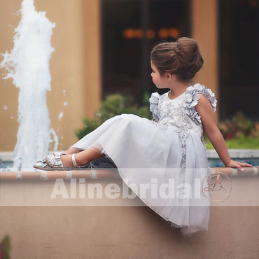Light Grey Appliques Tulle Pretty Sleeveless Short Flower Girl Dresses, FGS078