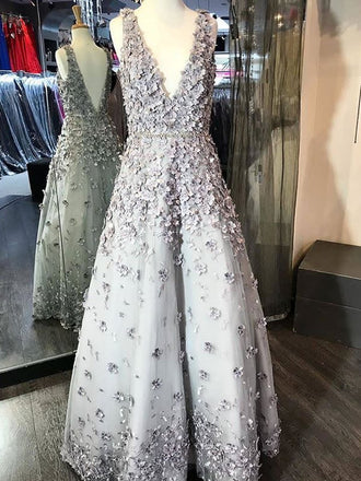 Light Grey Handmade Flowers V-neck V-back With Beaded Prom Dresses,PD00068
