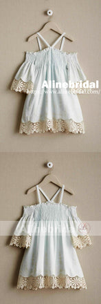 Light Tiffany Blue Unique Fashion Off Shoulder Half Sleeve Flower Girl Dresses, FGS067