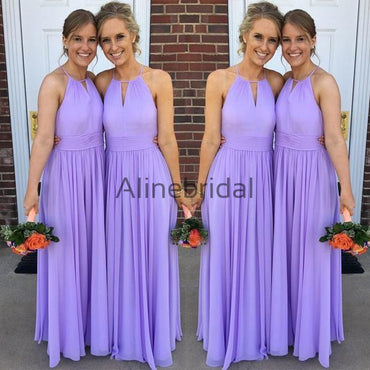 Lilac Chiffon Halter Simple A-line Long Bridesmaid Dresses, AB4010