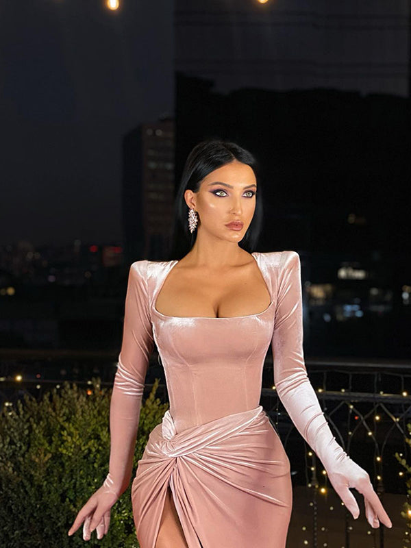 Fashion Long Sleeves Blush Pink Mermaid Sexy Prom Dresses PD1057