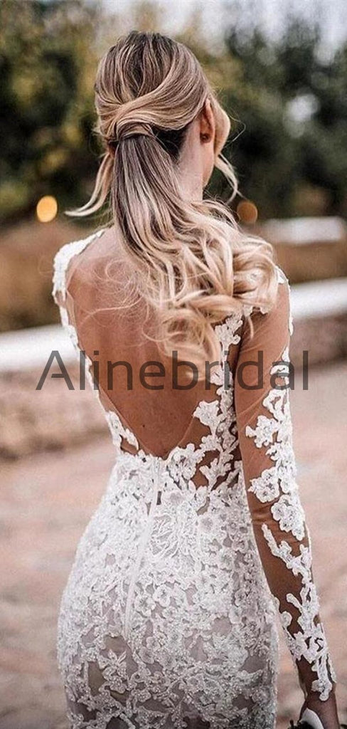 Long Sleeves Lace Mermaid Beach Country Wedding Dresses WD0576