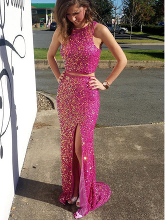 Long Custom Two Pieces Sparkle Side Slit Open Back Cocktail Evening Party Prom Dresses Online,PD0180