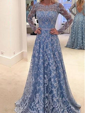 Long Sleeve  Blue Lace A-line Open Back Cocktail Evening Party Prom Dresses Online,PD0182