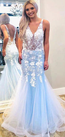 Ethereal Floral Blue Mermaid Long Tulle Prom Dresses, PD1051