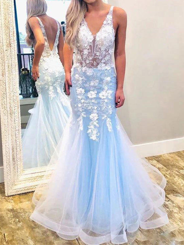 Mermaid Elegant Blue Green Tulle Long Prom Dresses PD1051