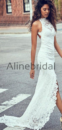 Romantic Ivory Full Lace Backless Mermaid Long Wedding Dresses, WD0578