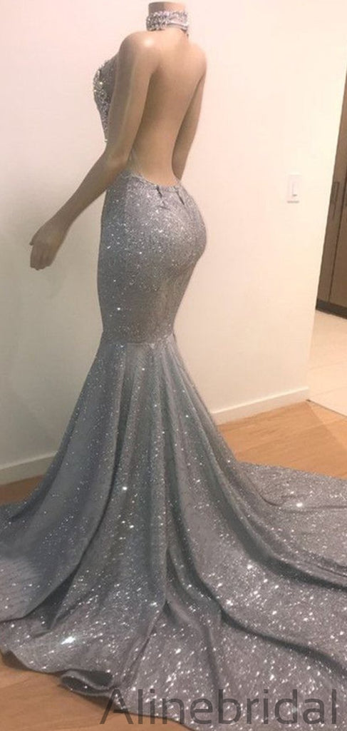 Mermaid Silver Halter Sleeveless Open Back Formal Prom PD1048