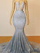 Mermaid Silver Halter Sleeveless Open Back Formal Prom PD1048