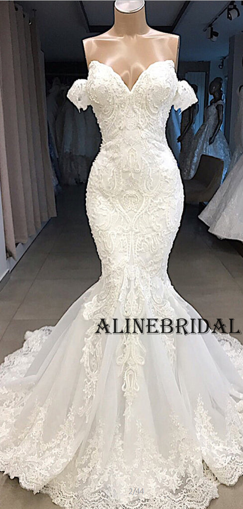 Mermaid Lace Off the Shoulder Ivory Beach Wedding Dresses WD1206