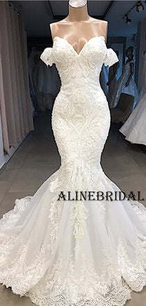 Lace Off the Shoulder Ivory Mermaid Wedding Dresses with Train, WD1206