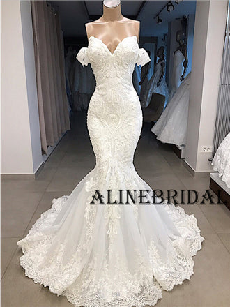Lace Off the Shoulder Ivory Mermaid Wedding Dresses with Train, WD1206