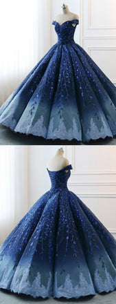 Navy Lace Applique Off Shoulder Ball Gown Princess Prom Dresses ,PD00137