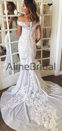 Off Shoulder Gorgeous Lace Mermaid Train Wedding Dresses, AB1524