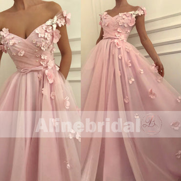 Off Shoulder Handmade Flower With Beads Pink Tulle Sweet Prom Dresses ,PD00100