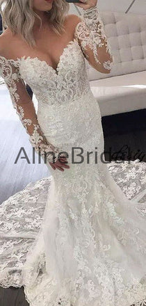 Off Shoulder Stunning Lace Illusion Long Sleeve Mermaid Vintage Wedding Dresses, AB1561