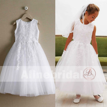 Off White Lace Tulle Classic Round Neck Flower Girl Dresses, FGS061