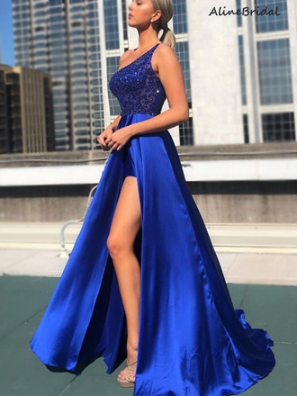 Charming Royal Blue Sequins One-shoulder Side Slit Sequins Long Prom Dress, PD3043