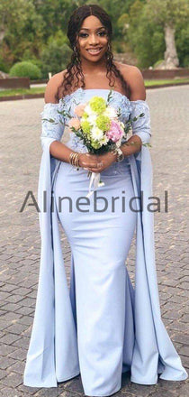 Pale Blue Off Shoulder Unique Long Sleeve Mermaid Bridesmaid Dresses, AB4096