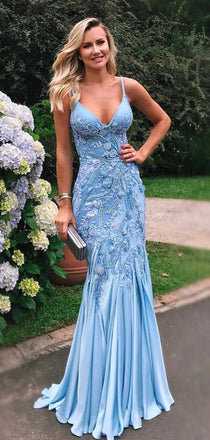 Pale Blue Soft Satin Applique Beading Mermaid Spaghetti Strap Prom Dresses.PD00218