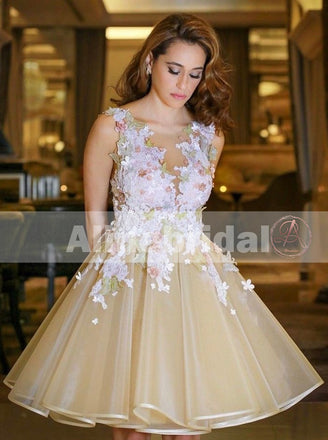 Pastel Yellow Sweet Flower Appliques Backless Sleeveless Homecoming Dresses,BD00226