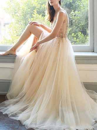 Pastel Yellow Tulle Beading V-neck Sleeveless Prom Dresses.PD00274