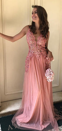 Peach Lace Tulle Sleeveless V-neck Long Prom Dresses,PD00381