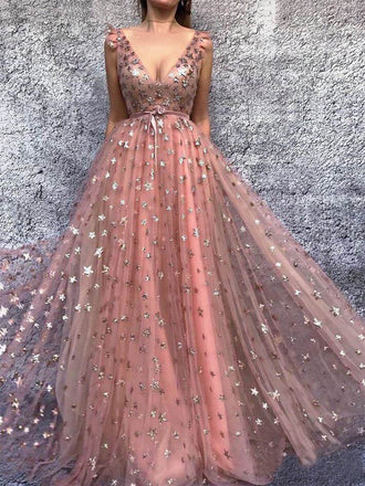 Peach Sparkly Star Sequin Tulle A-line Prom Dresses .PD00287