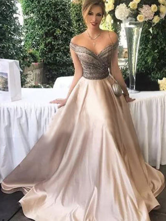 Popular Off Shoulder Sparkly Beaded Satin Ball Gown Prom Dresses,PD00061