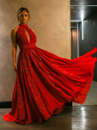 Red Lace Applique High Neck Halter A-line Prom Dresses,PD00330