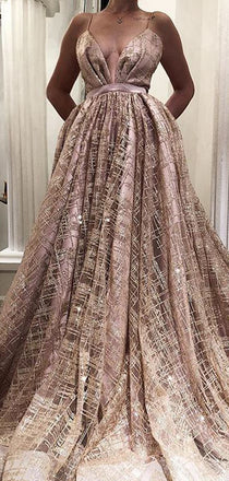 Rose Gold Sequined Tulle Spaghetti Stap Ball Gown Fashion Prom Dresses,PD00345